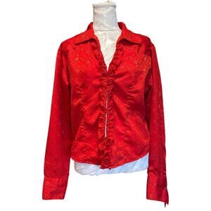 Vintage Panhandle Slim Red Satin Embroidered Floral Ruffle Shirt Womens Sz Large
